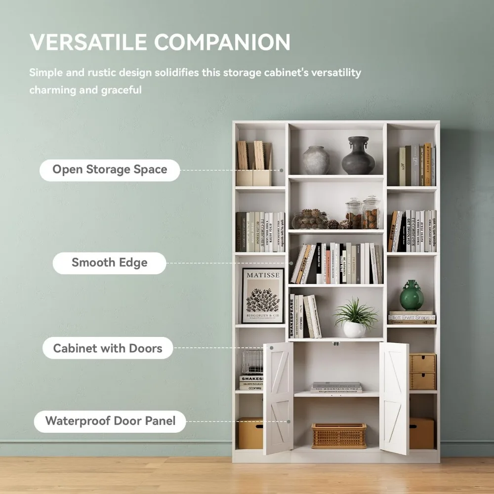 "خزانة كتب بيضاء بطول 74 بوصة مع أبواب وتخزين للمنزل والمكتب، مثالية لغرفة المعيشة وغرفة النوم"