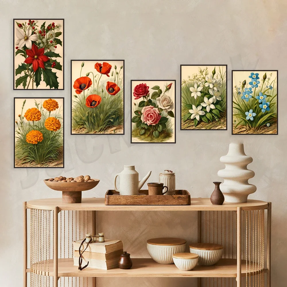 Vintage botanical print, carnation, daisy, canna, marigold, forget-me-not, rose, sunflower, white lily floral farmhouse poster