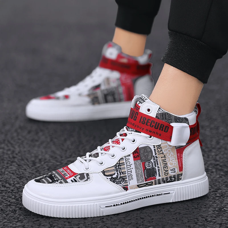 Couple Yellow Printed High Top Sneakers 2023 Autumn Hasp Design Mens Leather Casual Shoes Comfortable Mens Outdoor Walking Shoes