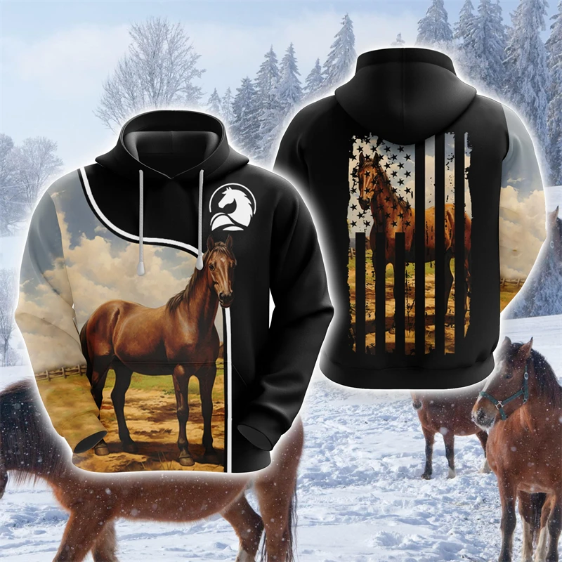 Horse Lover Hoodies For Men Clothes Casual Farm Graphic Sweatshirts Face Pullovers Equestrian Tracksuit Boy Y2k Top