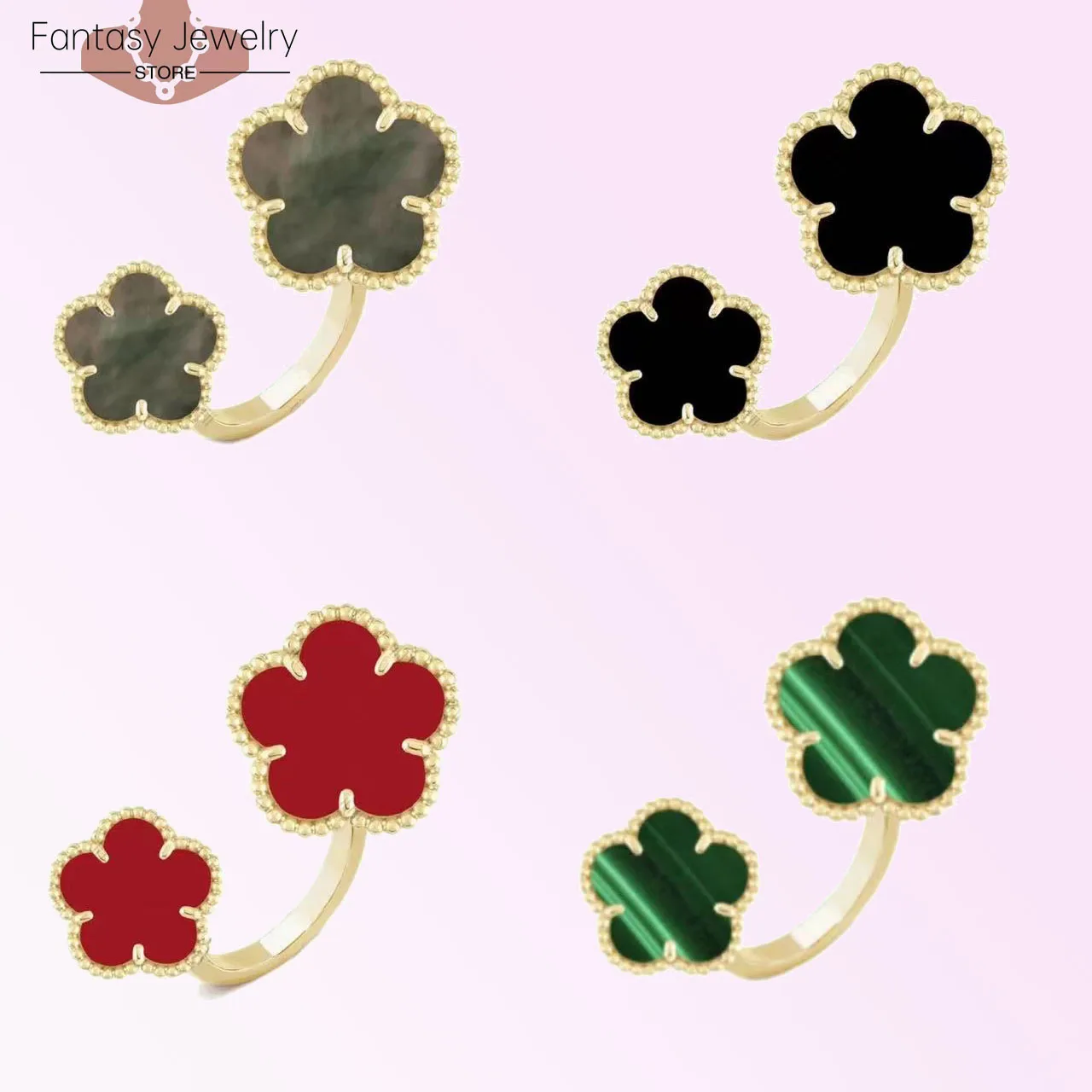 Luxury Double Flower Four Leaf Flower/Five Leaf Flower Open Ring Ring High end Agate Fritillaria Boutique Versatile Handicraft