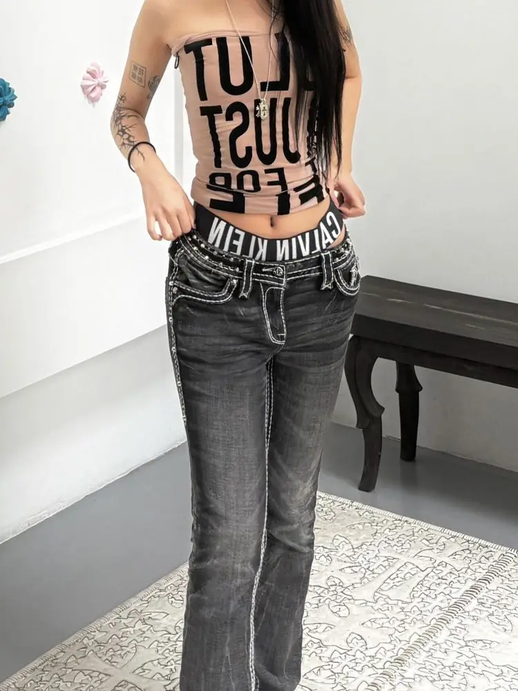 Plus size americano bordado lavado cintura baixa queimado jeans para mulheres verão y2k millennium estilo fino ajuste sino calças inferiores