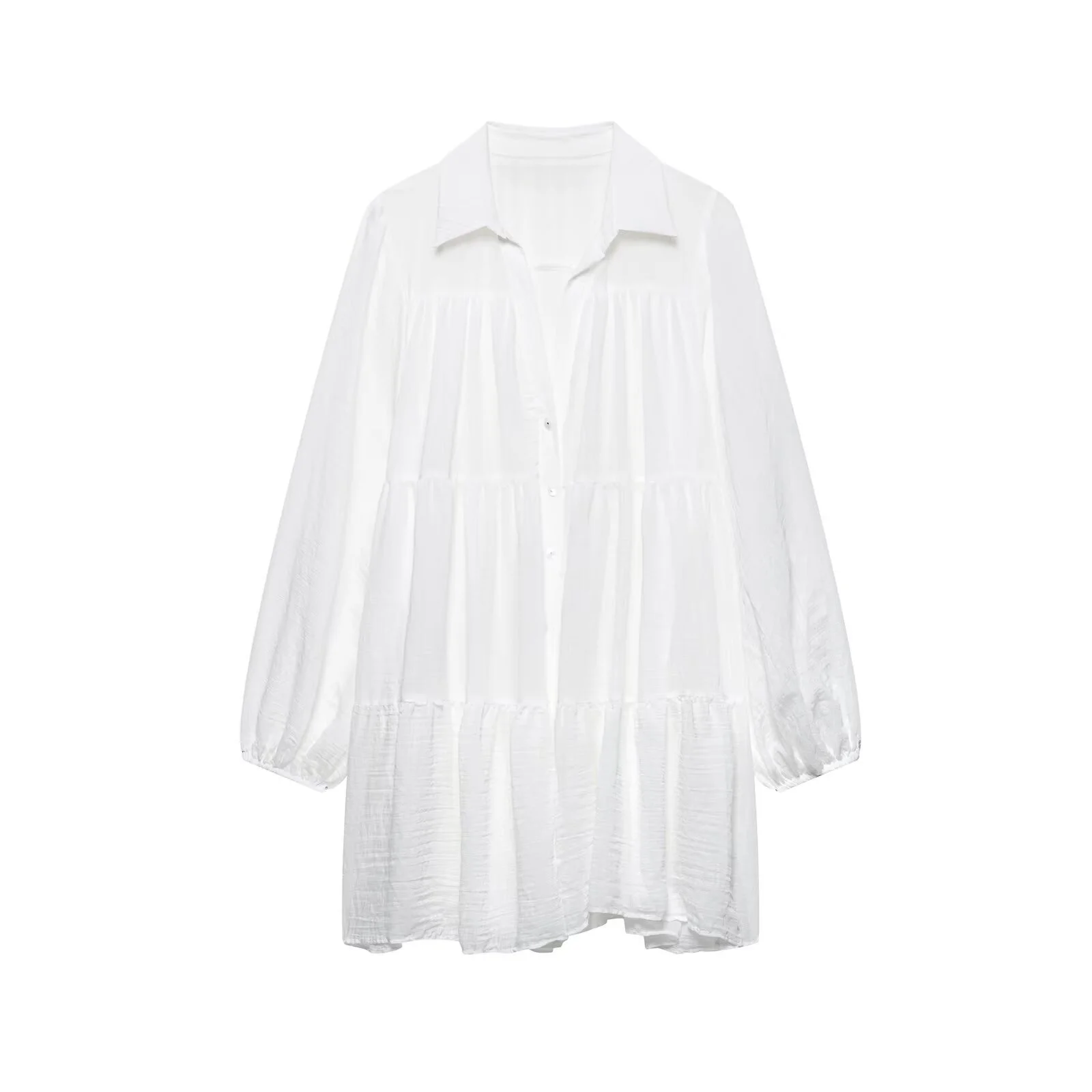 

BM&MD&ZA Womens Layered Patchwork Mini Dress Stylish Collar Long Puff Sleeve Design Button Detail Ladies Fashion Outfit