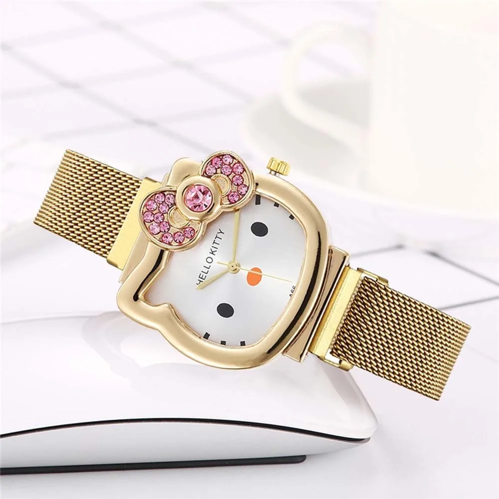 Sanrio-Reloj de banda de acero para mujer, reloj de Hello Kitty Cat de dibujos animados Simple, reloj de gatito de ocio para mujer, reloj de cuarzo