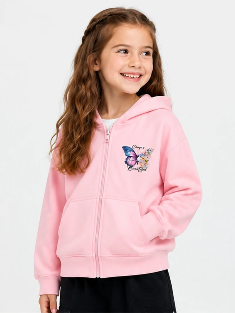 Kinder-Modeschichtmantel mit Schmetterlings- und Blumenmuster, langärmeliges Kapuzenoberteil für Mädchen, Herbst-Baumwoll-Sweatshirt, Größe 5-14T – Detail 4