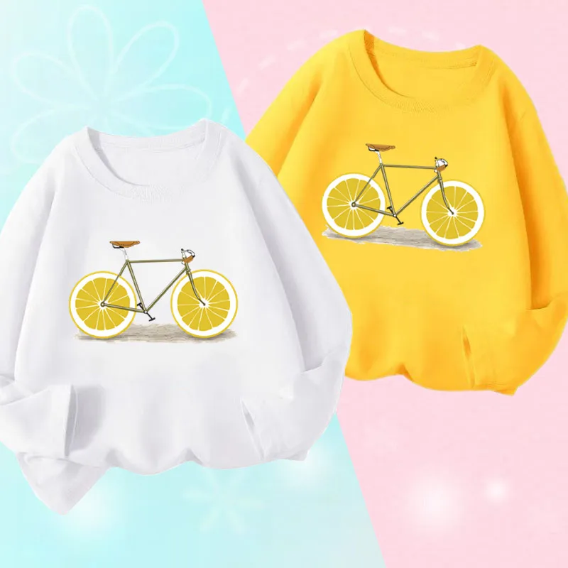 Kids Spring Long Sleeve Girls & Boys T shirts Lemon Bike Print Children\'s T-shirt Fruit Bicycle Funny Baby Kids Clothes