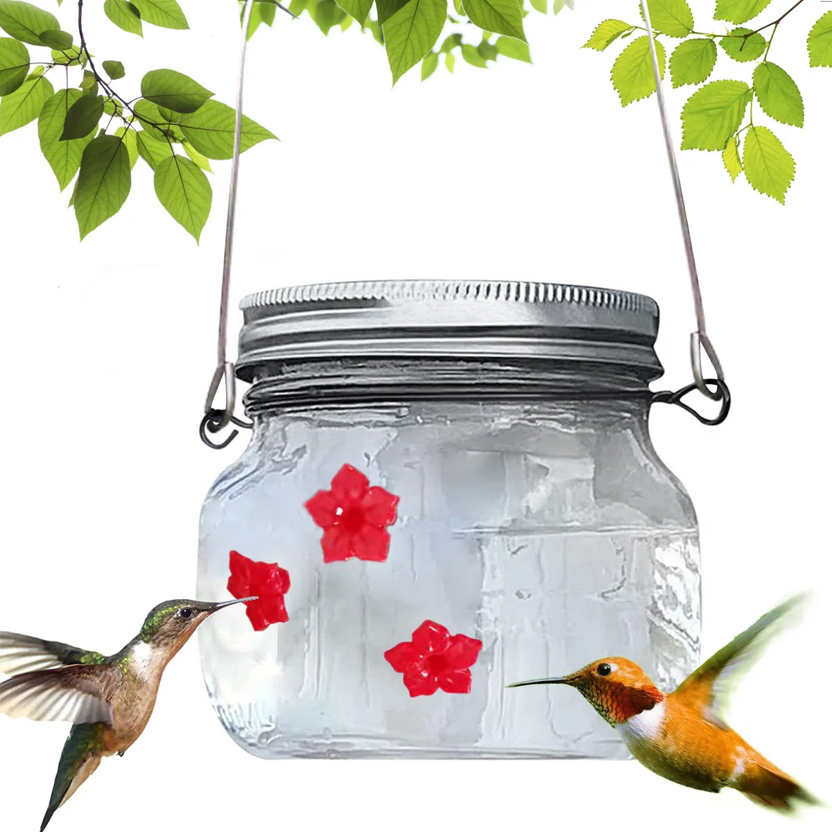 475ml Mason Jar Hummingbird Feeder with 3 Red Feeding Ports Durable Plastic Glass Jar Bird Outdoors Garden Hanging Accessories