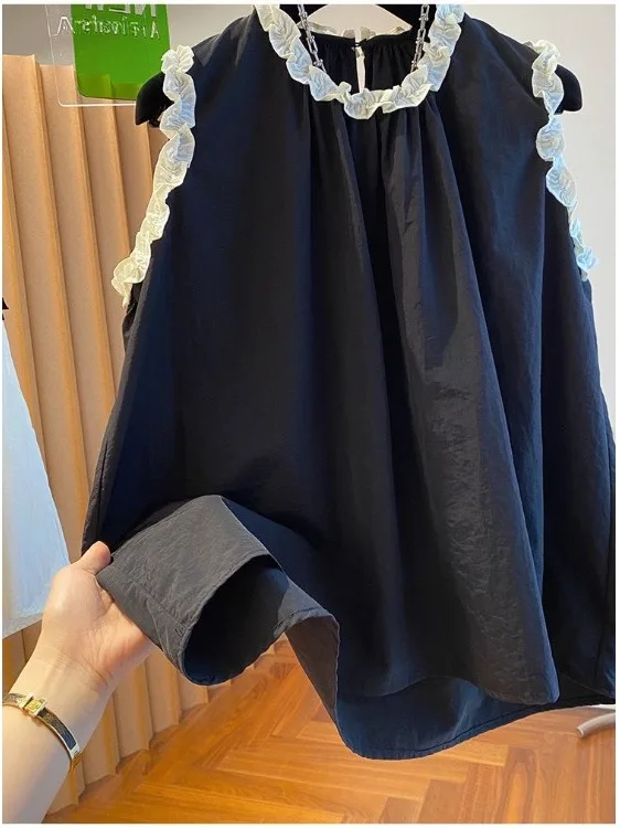 

Summer New Style Women's Sleeveless Loose Shirt Beautiful Splicing Fashionable Korean Style round Neck Pure Cotton Top
