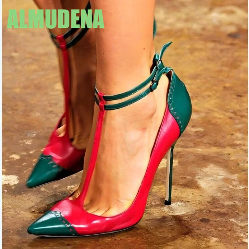 Sepatu Hak Tinggi Model Pointed Toe dengan Desain Sambungan Kulit dan Gesper di Pergelangan Kaki, Multiwarna, Modis, dan Stylish untuk Berjalan