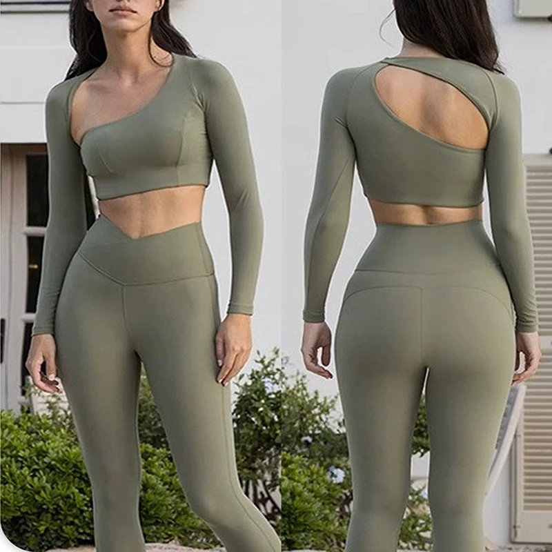 

Сексуальный нерегулярный купальник для йоги с длинными рукавами и открытыми плечами для пилатеса для женщин, одежда для фитнеса, йоги, модная сексуальная одежда