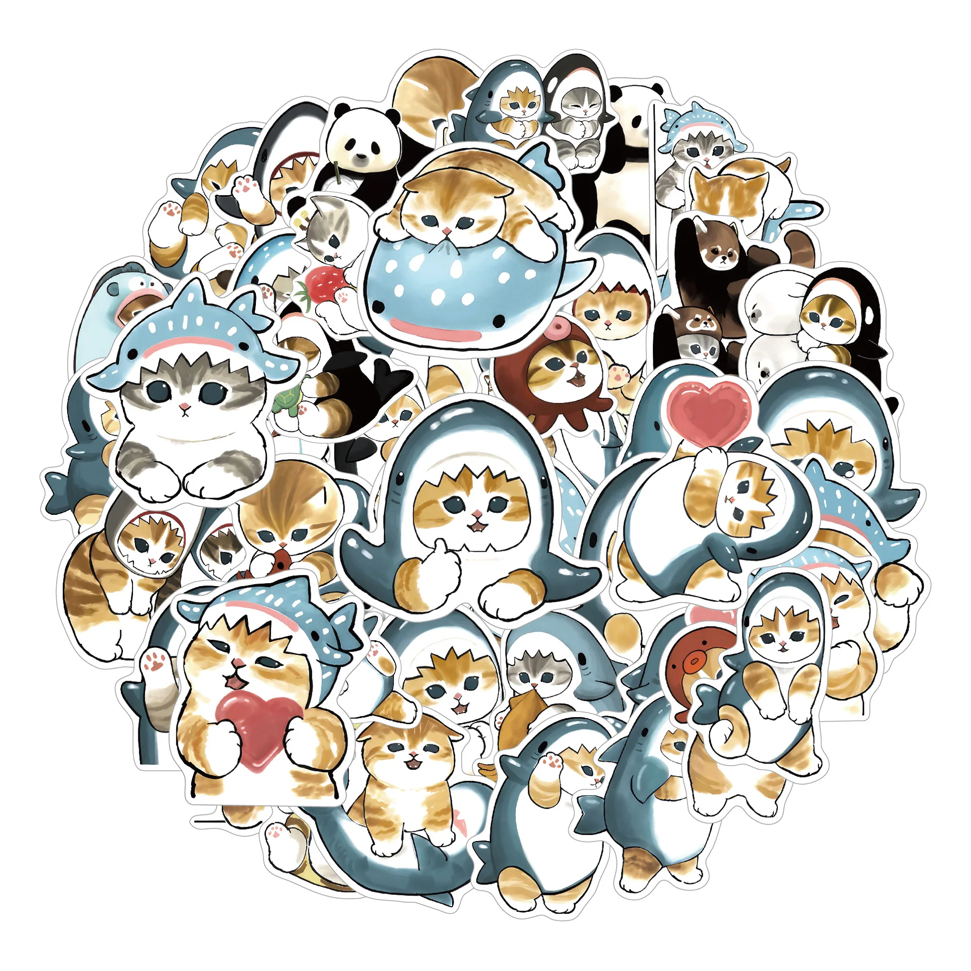 50PCS Cute Shark Hooded Fun Cat Stickers Decals Decoration Suitcase Scrapbooking Laptop Phone Stationery Toy Gift