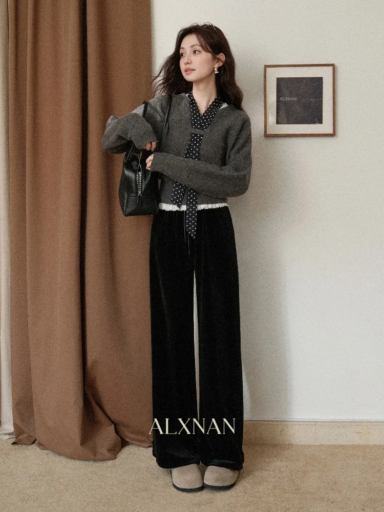 ALXNAN Women Wide Leg Pants Black Casual Straight High Waist Loose Fit Pants Autumn Winter Long Baggy Trousers Ladies L59938