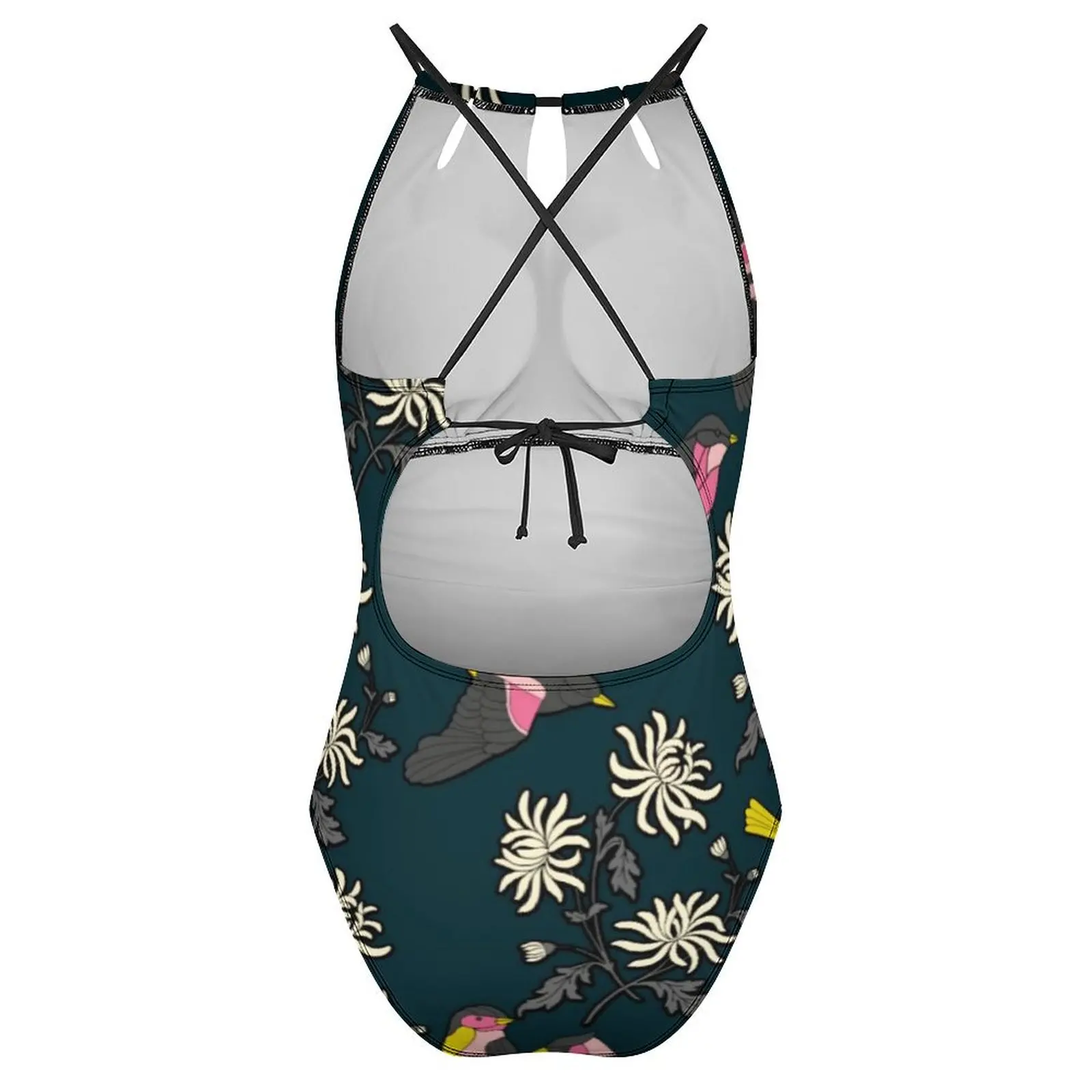 الوردي الطيور طباعة ملابس السباحة الزهور البيضاء قطعة واحدة ملابس السباحة رفع Kawaii المايوه مثير الشاطئ الرسم ارتداءها
