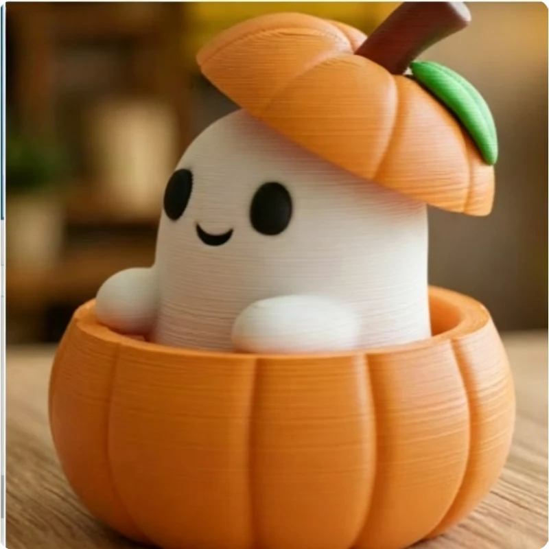 3D Printed Pumpkin Base & Ghost Hat Design – Creative Halloween Pumpkin Elf Figurine Tabletop Display Decor