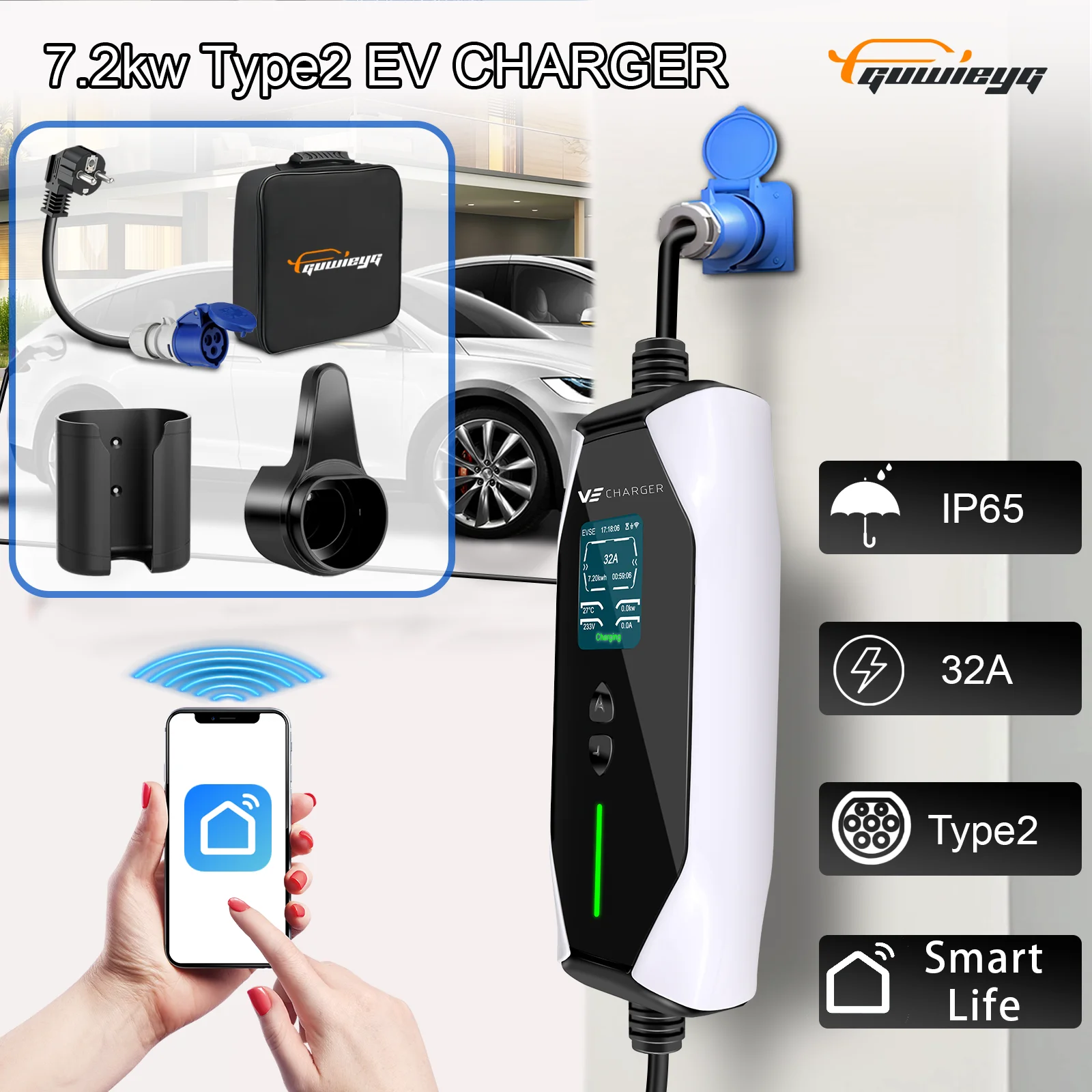 GUWIEYG Portable EV Charger Type2 CEE Plug APP Control EVSE Charging Box for Electric Vehicle