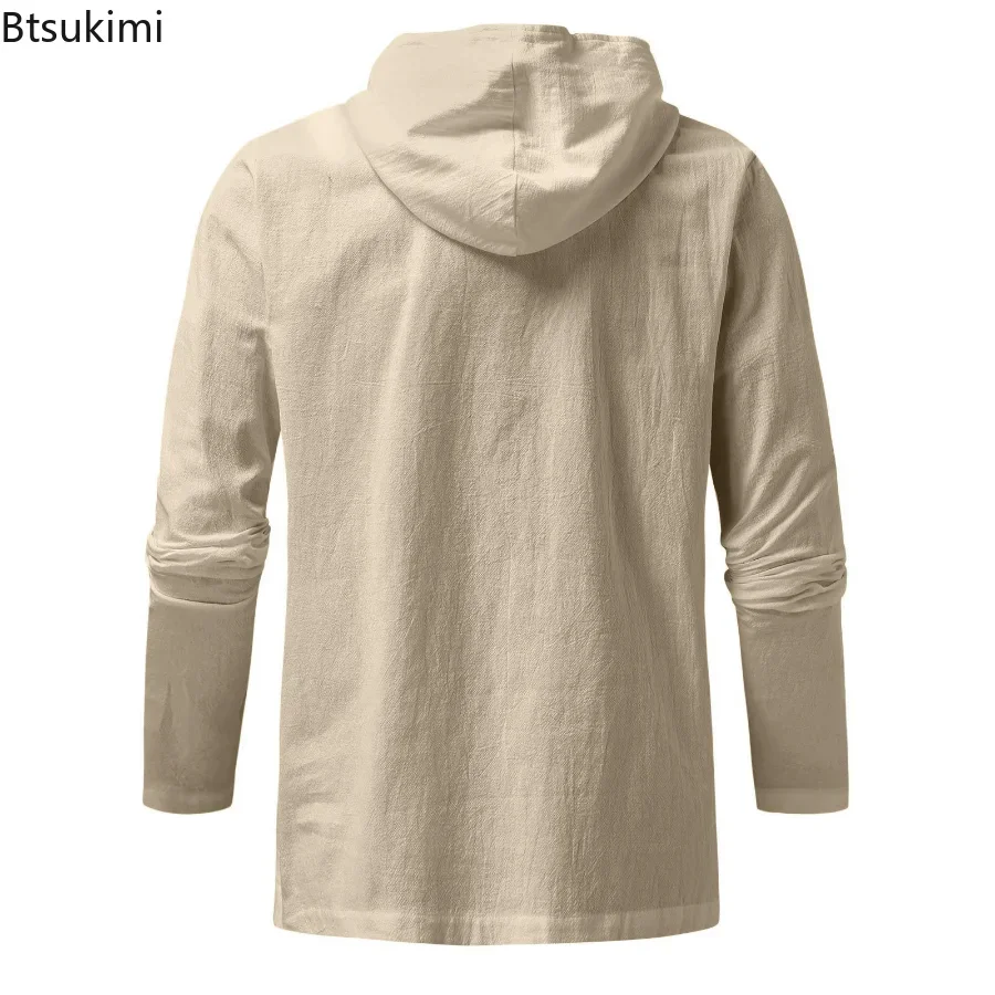 2024 Men\'s Casual Long Sleeve Tee Shirt Hooded Cotton Linen Loose Tops Shirts Man Husband Holiday Beach Shirts Male Ropa Hombre