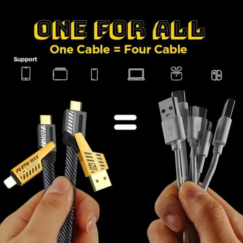 Mech 4 in 1 Super Fast Charging Cable PD 27W 65W Nylon Woven Mobile Phone Data Cable USB A Type-C Dual Head Connector Data Cable