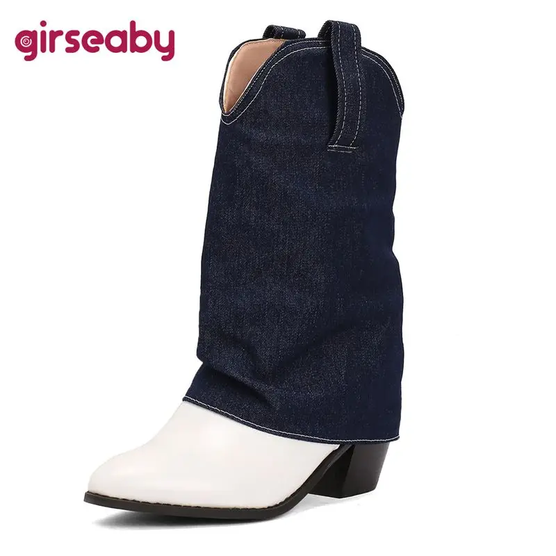 Girseaby 2024 New Cowboy Western Boots Mixed Color Pointed Toe Block Heels 6cm Slip On Plus Size 46 47 48 Leisure Daily Booties