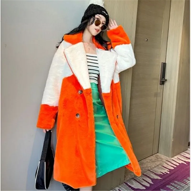 Manteau Long en Fausse Fourrure de Lapin pour Femme, Veste Épissée à Revers, Blanc, Orange, Chaud, Hiver