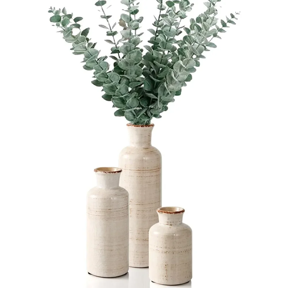

Ceramic Vase for Dcor Set of 3 with 9PCS Artificial Eucalyptus Stems Decor Large Small Ceramic Vase for Rustic Home Decor Accent