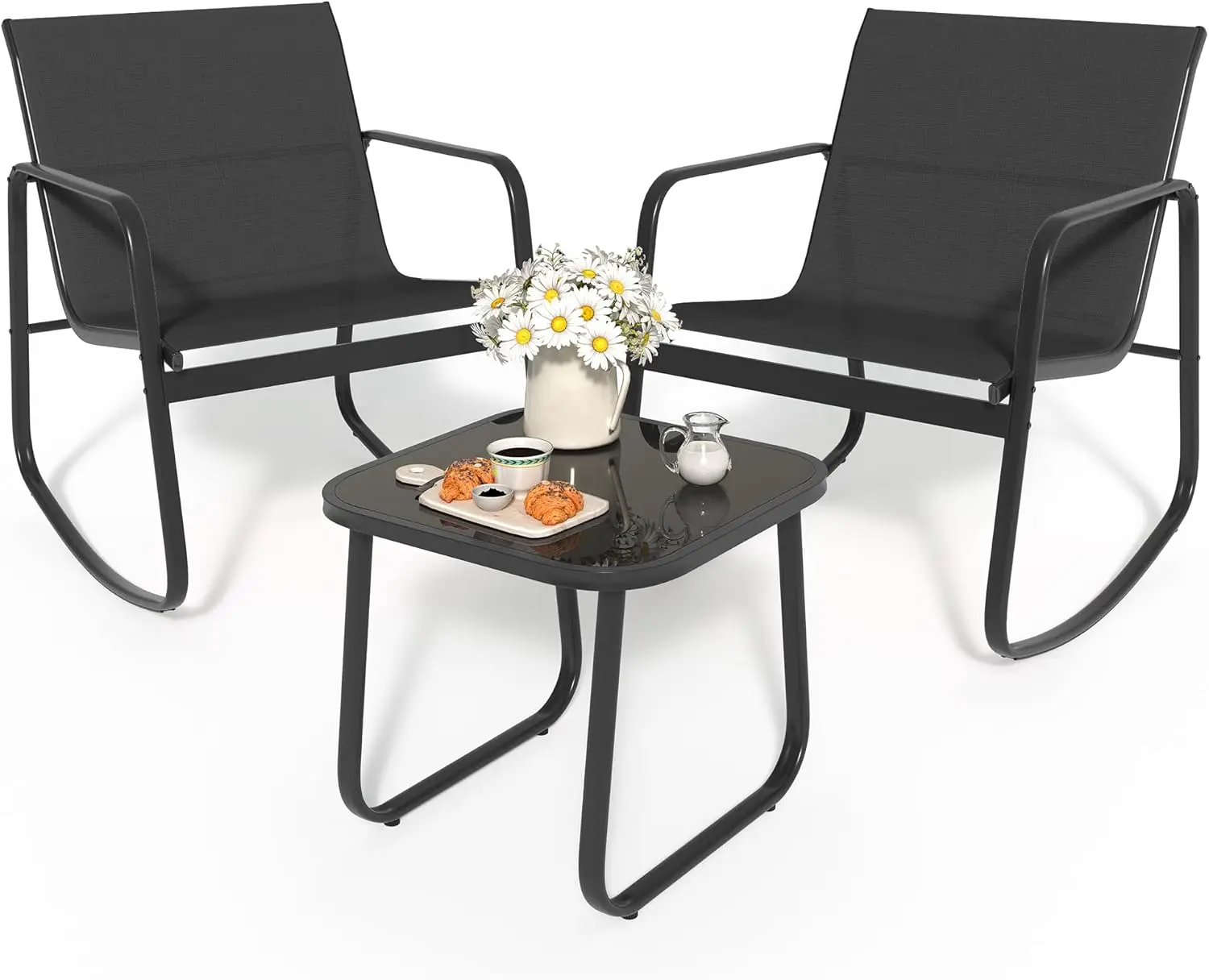 

3 Piece Patio Set. Rocking Chairs. Glass Table. Textilene Fabric. Outdoor Set. Backyard, Garden, Balcony, Poolside. Black.