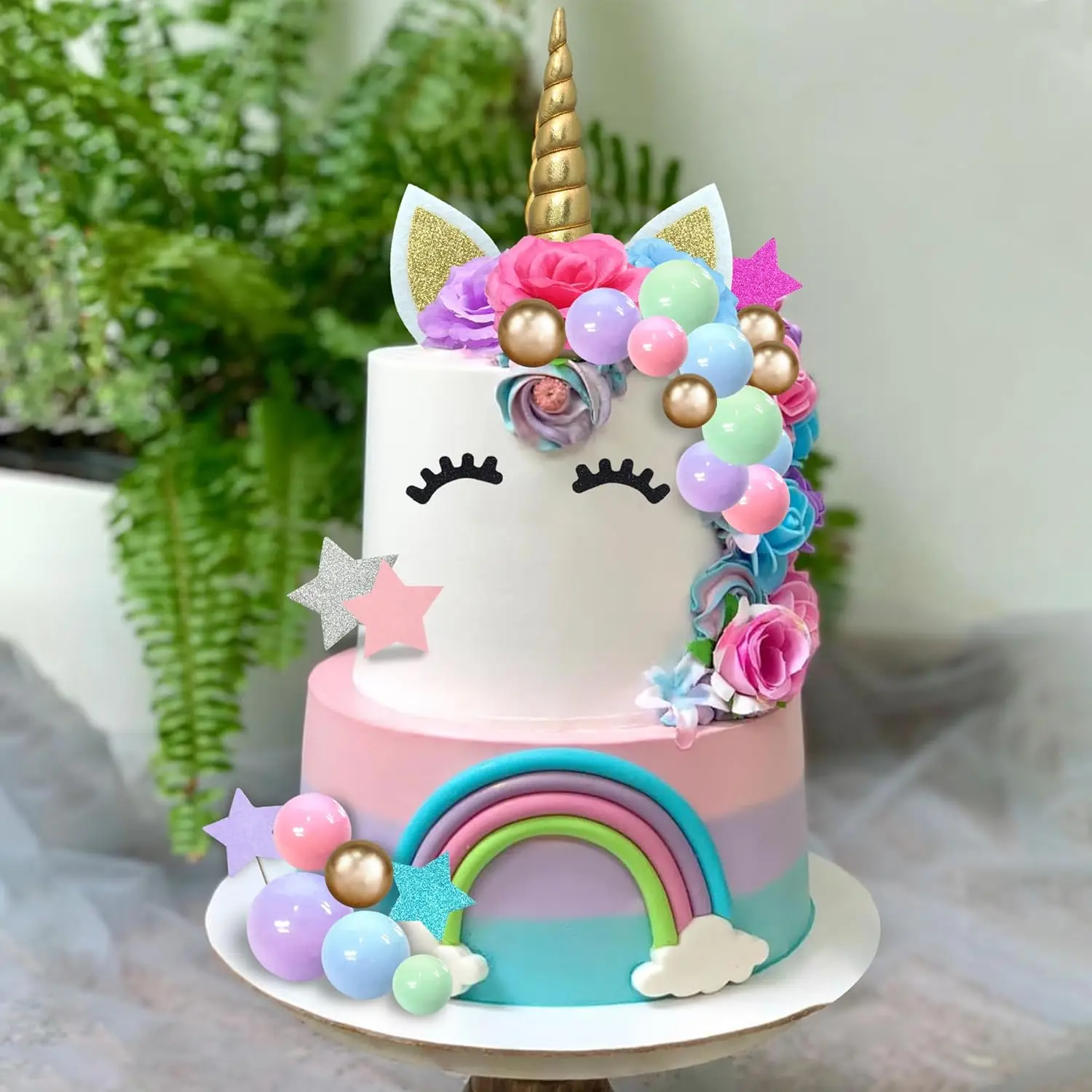38 Uds simulación unicornio flor pastel decoración con flores bolas estrellas pestañas niña princesa feliz cumpleaños boda fiesta pastel decoración