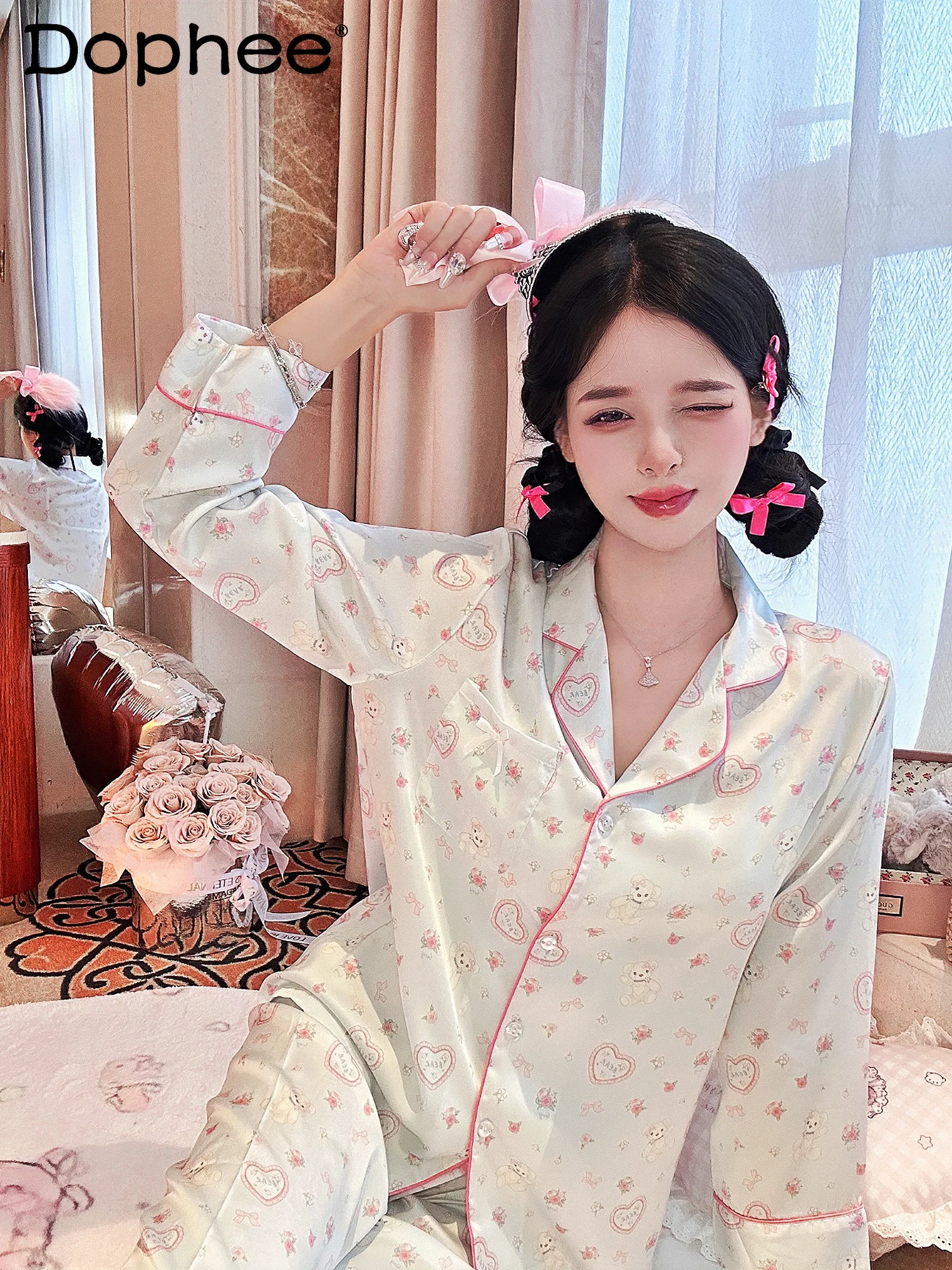 

Sweet Girl Lolita Cute Cake Bear Satin Ice Silk Long Sleeve Pajamas 2025 New Princess Style Homewear Set