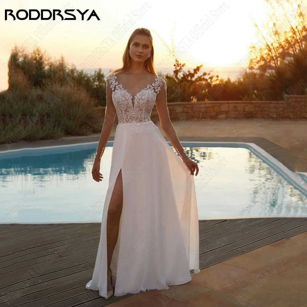 RODDRSY Civil Chiffon Wedding Dresses Long Sleeves Illusion Bride Gowns A-Line Side Split V-Neck Classic vestidos de novia