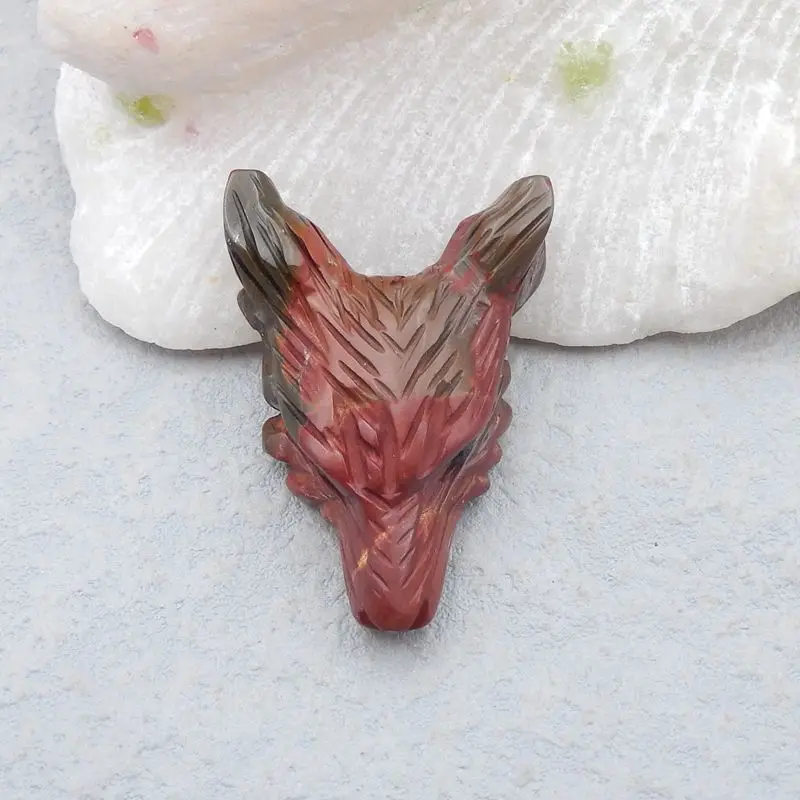 Handmade Jewelry Carved Wolf Head Natural Stone Multi-Color Picasso Jasper Necklace Pendant Bead 38x26x12mm 10g