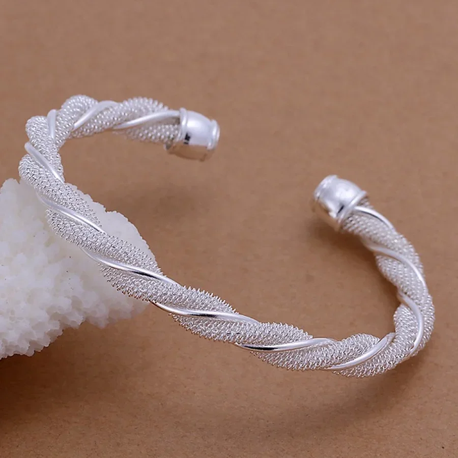 

Lady Wedding Christmas Gift 925 Sterling Silver Jewelry Retro Fashion Women Personality Twisting Line Net Round Bracelet