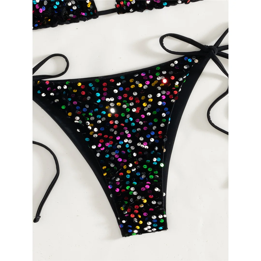 Pailletten-Bikini mit Neckholder, Damen-Badebekleidung, zweiteiliges Bikini-Set, mit Trägern, hoch geschnitten, Badeanzug, Badebekleidung, Modell V8326. – Detail 19