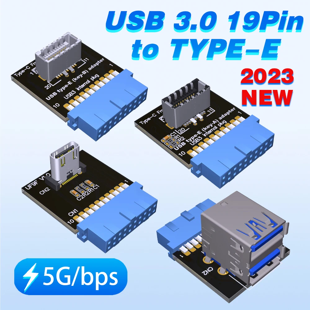 

2023 NEW USB 3.0 19PIN To TYPE-E Key-B Adapter Board Type-C Front Panel for Computer Motherboard with 19PIN Blue Connector 5Gbps
