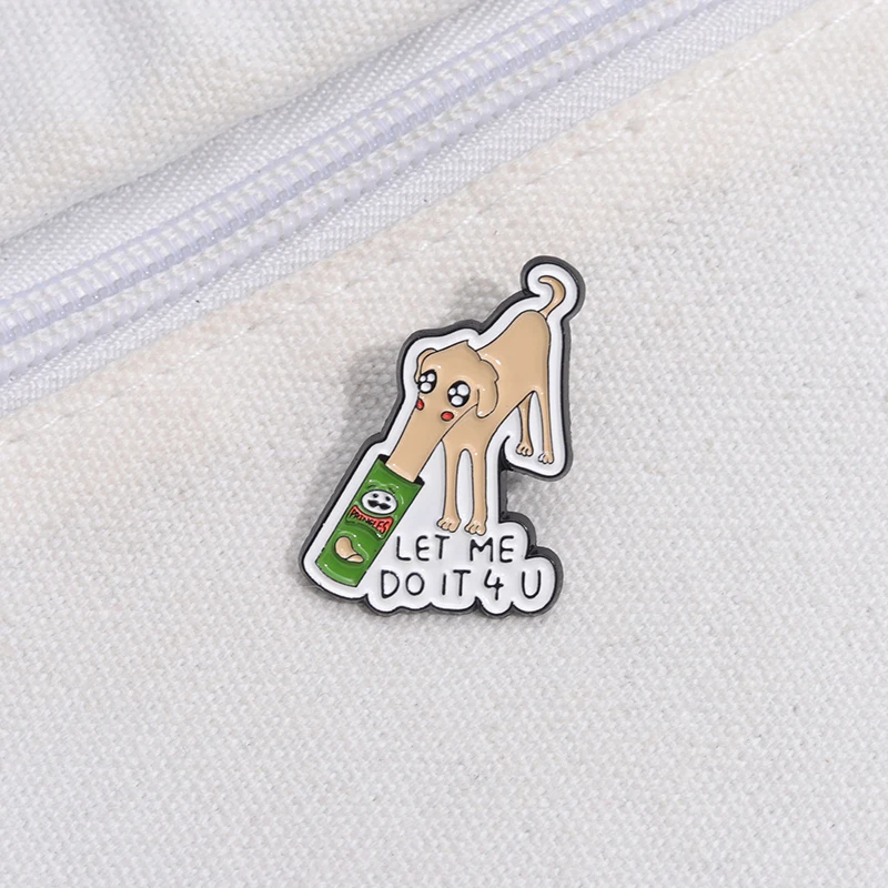 LET ME DO IT 4U Enamel Pins Custom Creative Long Nosed Dog Eats Potato Chips Brooch Lapel Badges Jewelry Gift For Kids Friends