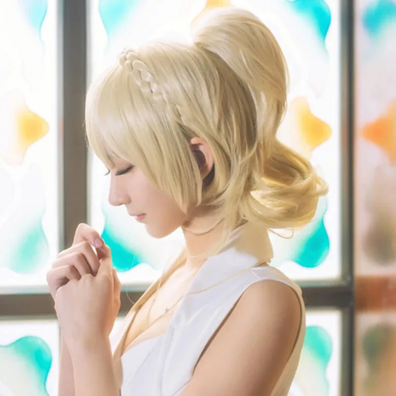 

qq28LQNew Arrival FF15 XV Lunafreya Nox Fleuret Princess Luna Braided Heat Resistant Cosplay Costume Wig + Track + Cap