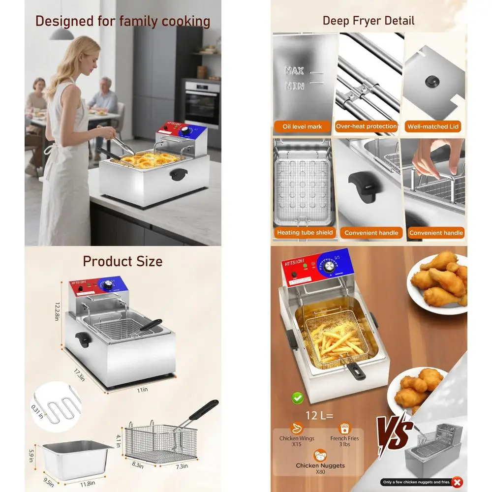 

12L Stainless Steel Commercial Electric Deep Fryer with 6L Basket, Adjustable Temp for Restaurant Use