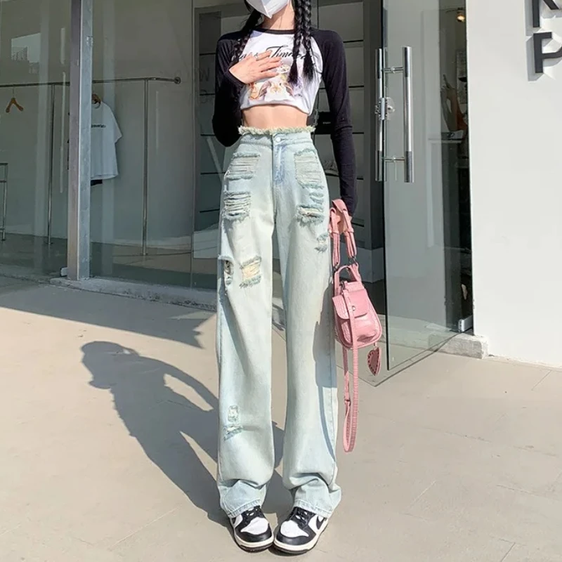 Moda Niebieskie Jeansy Ripped Kobiety 2025 Lato Korea Y2K Nowe Wszechstronne Denimowe Spodnie z Szeroką Nogawką Wysoka Talia Cienkie Luźne Spodnie Casualowe