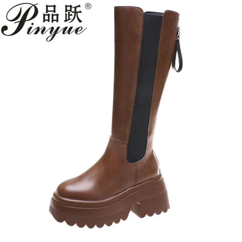 8.5cm Women's Platform Knee High Boots Fashion Soft Leather Long Boots Winter Motorcycle Boots Slip-on Chunky Sneakers High Heel