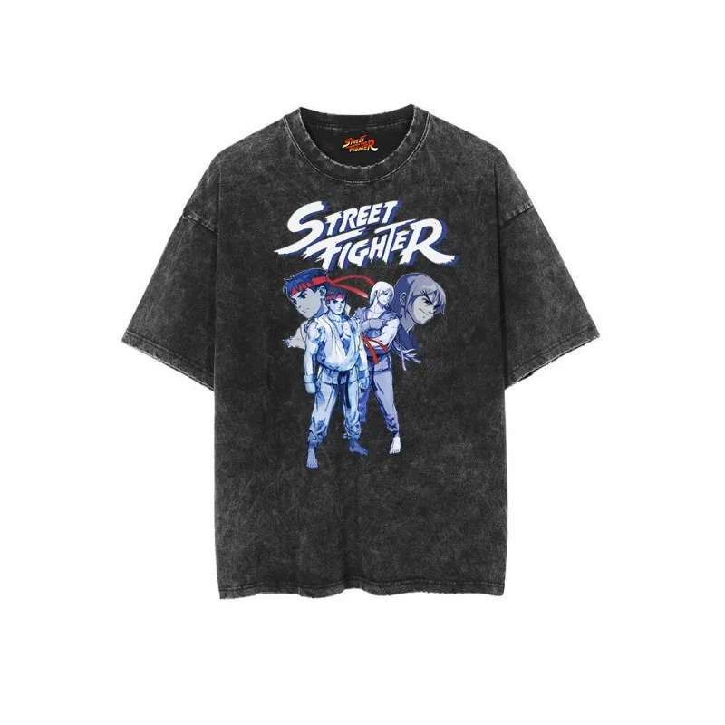 Street Fighter Street Fighter Korean Old Washed Retro Batik Men and Women Loose Short-sleeved Cotton T-shirt