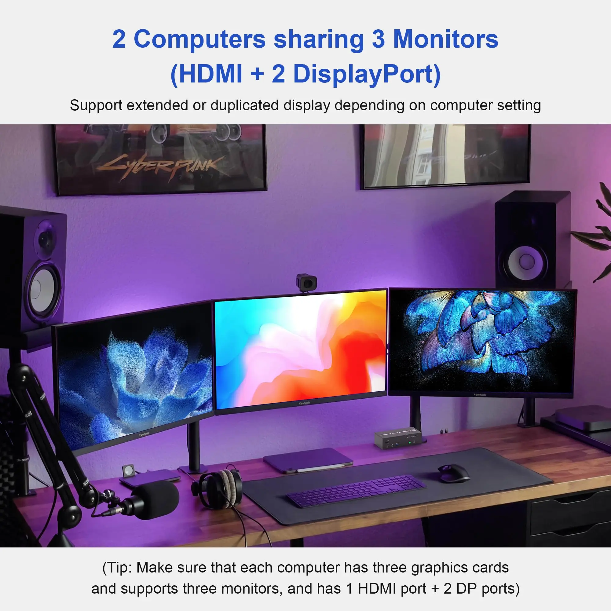 Triple Monitors KVM Switch 2 Displayport + HDMI 4K@60Hz 3 Monitors KVM Switch with Audio Microphone Output and 3 USB 3.0 Ports