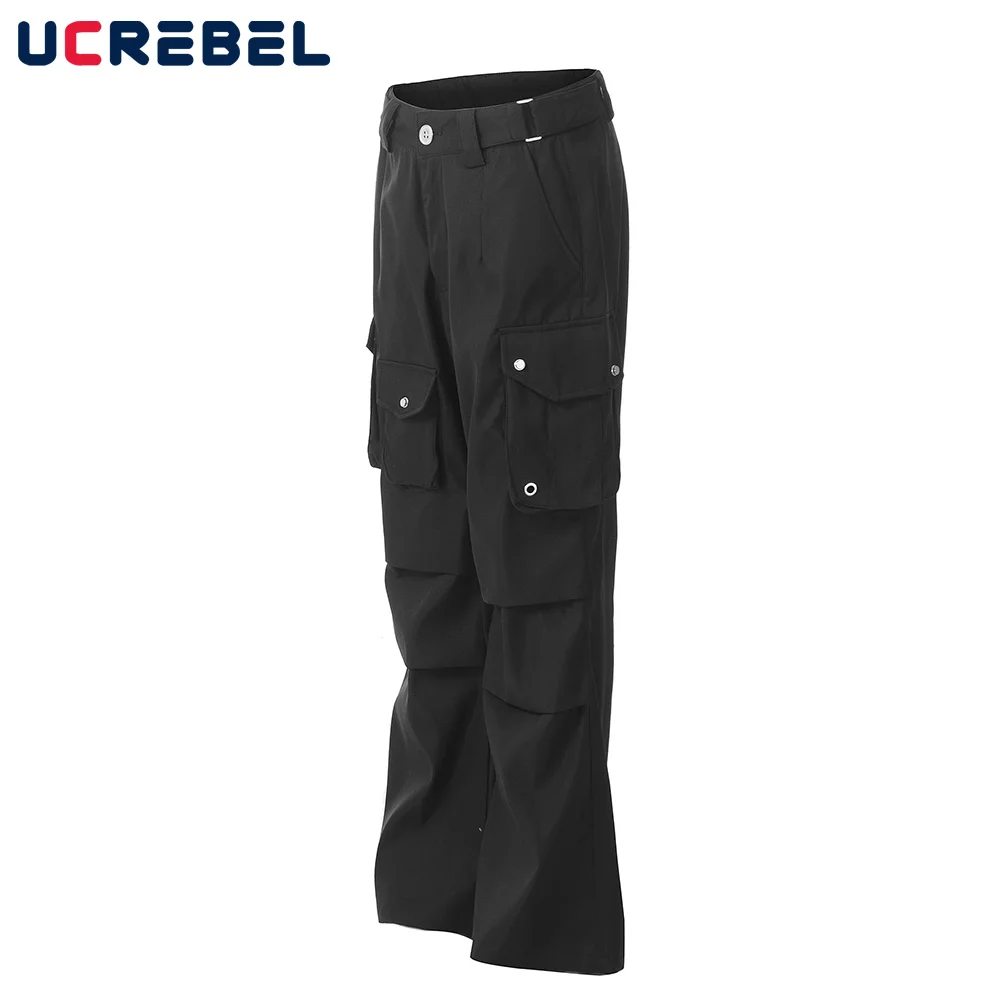 Multi-Pocket Solid Color Pants Mens Hip Hop High Street Loose Straight Wide Leg Pleated Trousers  Men