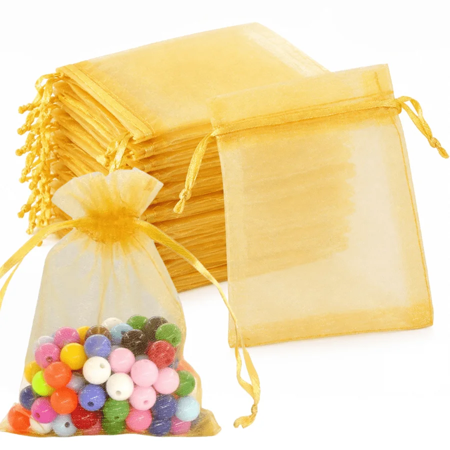 50/100/150pcs Golden Sheer Organza Drawstring Pouches Lightweight Mesh Gift Bags Portable Transparent Sacks for Jewelry XJM