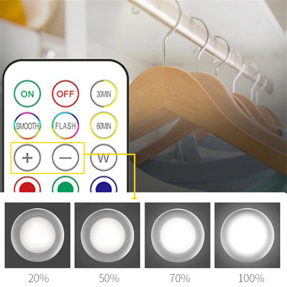 Oświetlenie LED pod szafką RGB z pilotem Zasilana bateryjnie Bezprzewodowa ściemnialna lampka nocna LED do oświetlenia szafy domowej