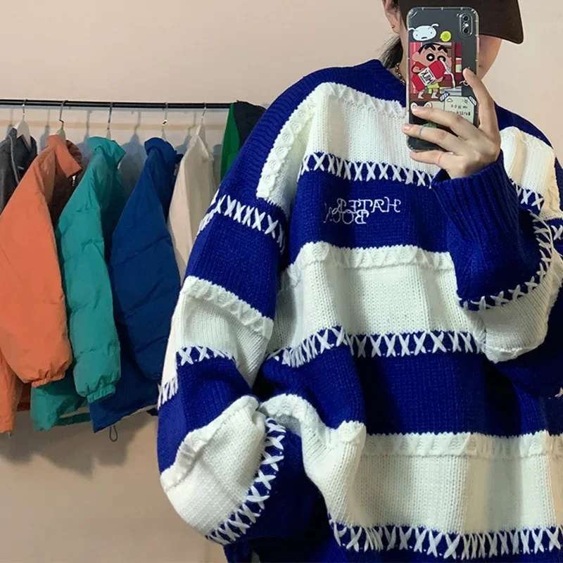 Klein Blue Knitwear Sweater Men's Design Feels Small Lazy Style Couple Knitwear Autumn/Winter Oversize Stripe Top