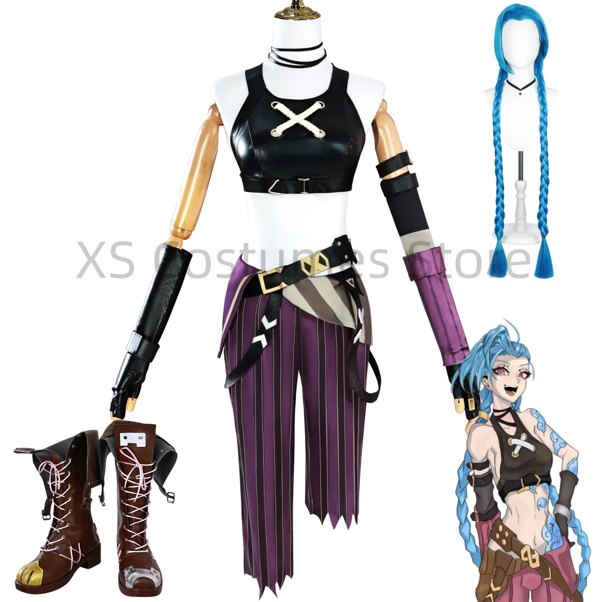 Jinx Cosplay Costumes Wig Game League of Legends Prop Accessories Sexy Uniform Sets Shoes