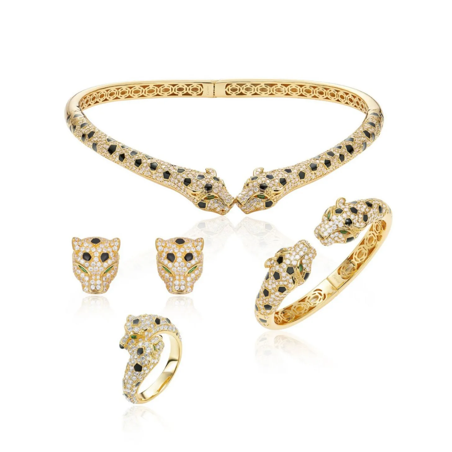 Classical Style Ring Earrings Bracelet Choker Necklace Inlay Cubic Zircon Black Enamel Leopard Panther 4Pcs Party Jewelry Sets
