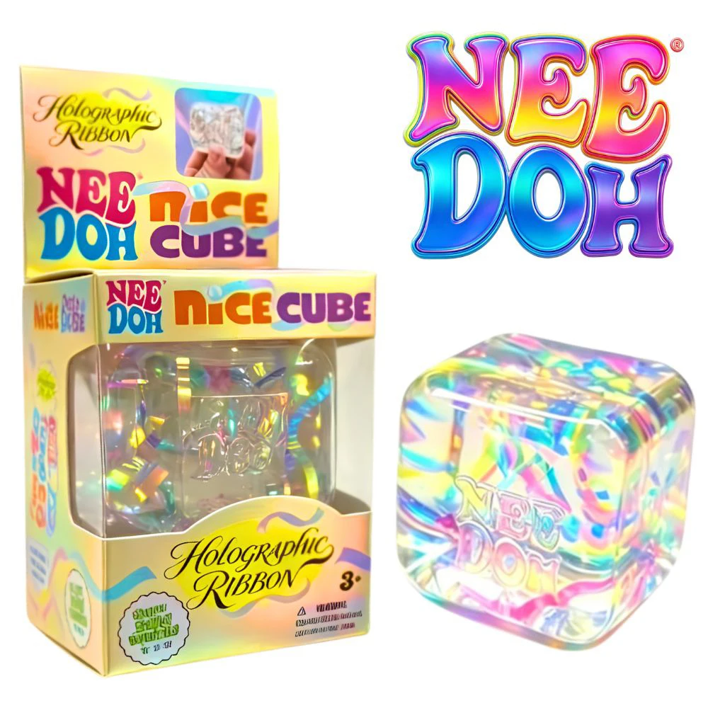 NeeDoh Nice Cube Holographic Ribbon Squish Toy Transparent Cube with Rainbow Ribbon Inside Hand Pinch Fidget Stress Relief Toy
