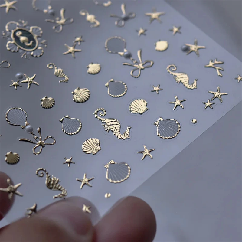 1szt 5D Luksusowe kryształowe diamentowe naklejki do paznokci Białe złoto Brązujące muszle rozgwiazdy Perłowe naklejki do paznokci Ozdoby artystyczne Naklejki