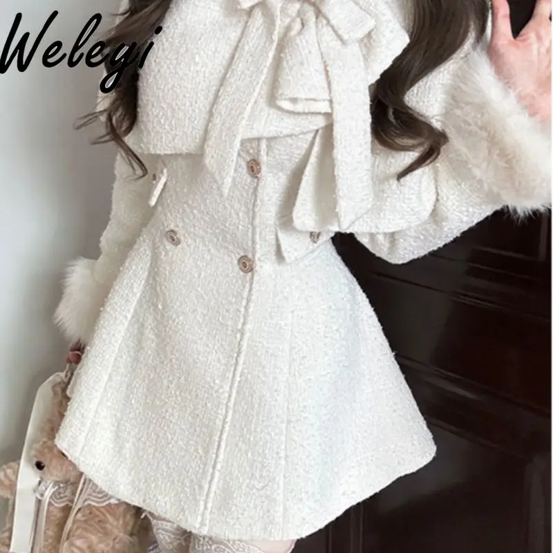 High-end conjuntos de vestido de inverno senhoras bege manga longa peluda tweed capa jaqueta 2024 outono nova linha a vestidos curtos conjunto de duas peças