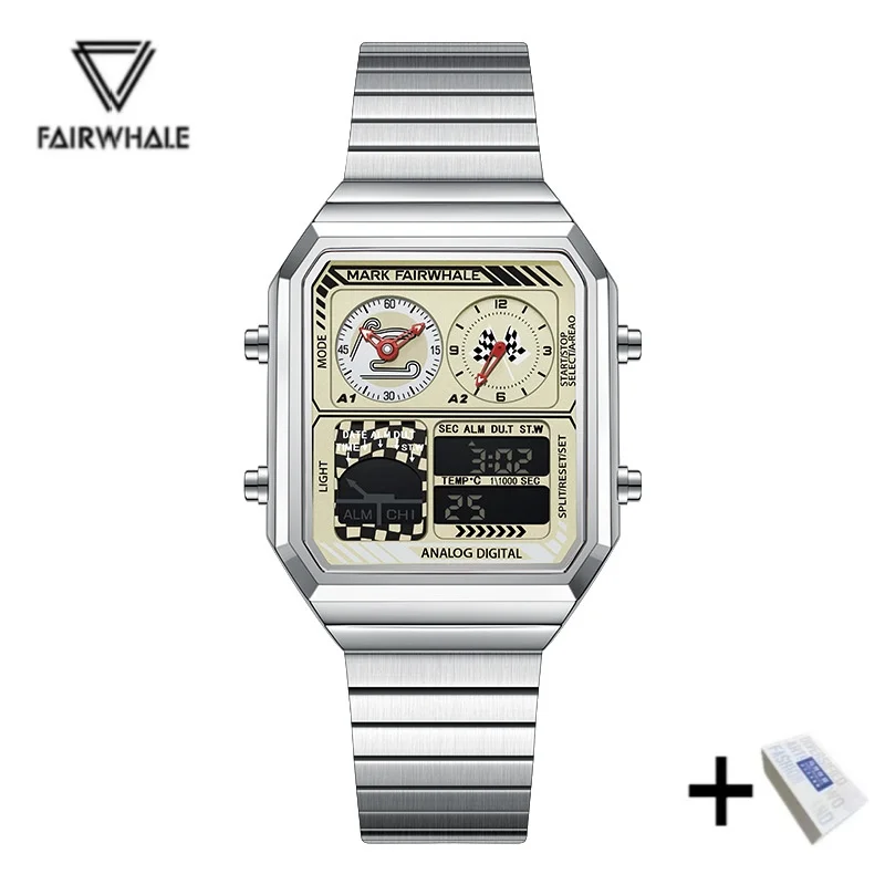 Mark Fairwhale 4460 Men's Watch Dual Display Quartz Luminous Chronograph Steel Strap Waterproof Wristwatch