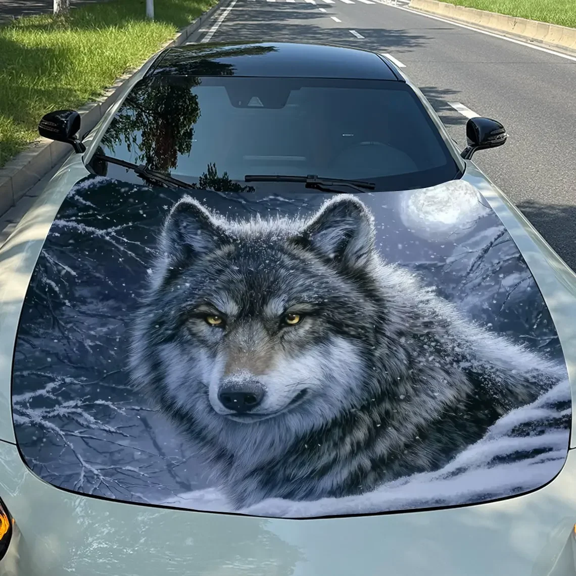 Snow Wolf Soul Car Hood Decal - Durable PVC Vinyl Wrap For Engine Protection, Stylish Pattern & Bold Design, Perfect For Most Ve